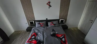 a bedroom with a bed with bats on the wall at Apartma Martin in Miklavž pri Ormožu