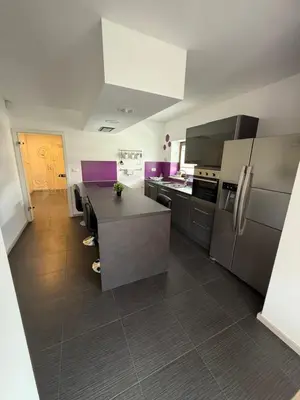 a kitchen with stainless steel appliances and purple accents at My Family Home Bled in Bled