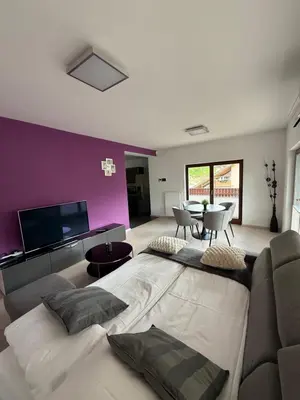 a living room with a couch and a tv at My Family Home Bled in Bled
