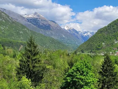 a view of a mountain valley with trees and mountains at Chalet Julian in Žaga