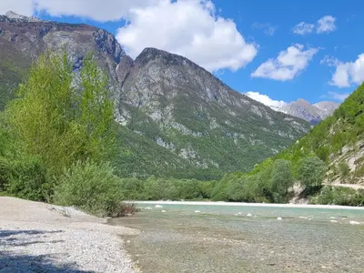a river in the middle of a mountain with trees at Chalet Julian in Žaga