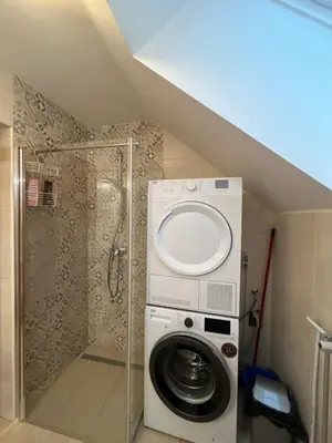 a washing machine in a bathroom with a shower at Komac Apartma & Glamping BLED in Bled