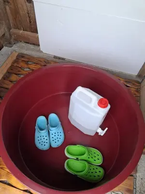 a red bowl with food and toys in it at LAND FOR YOUR TENT NEXT TO A RIVER WITH A GARDEN SHACK ROOM you get two bicycles for amazing views and two water floats for a nice river run USE THE LOCATION NOT THE ADDRESS TO GET HERE bathroom is a bit different so check YouTube video RiverRunDusko in Ljubljana