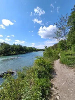 a dirt road next to a river with trees at LAND FOR YOUR TENT NEXT TO A RIVER WITH A GARDEN SHACK ROOM you get two bicycles for amazing views and two water floats for a nice river run USE THE LOCATION NOT THE ADDRESS TO GET HERE bathroom is a bit different so check YouTube video RiverRunDusko in Ljubljana