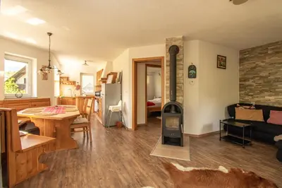 a living room with a wood stove in a room at Bee Apartment in Bohinj