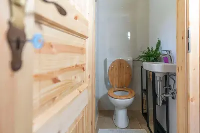 a bathroom with a wooden toilet and a sink at Chalet Vogar in Bohinj