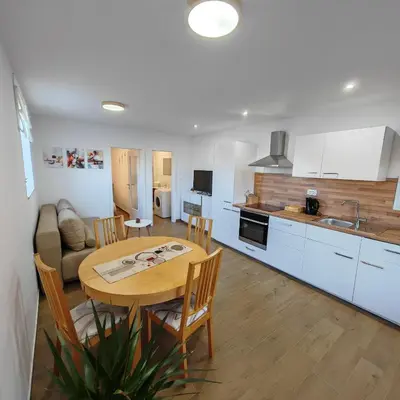 a kitchen and living room with a wooden table and chairs at Stars Apartments in nature in Postojna