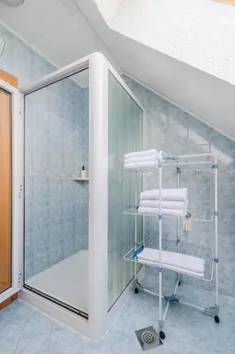 a towel rack in a bathroom with a shower at Apartment Gaspercic in Bovec