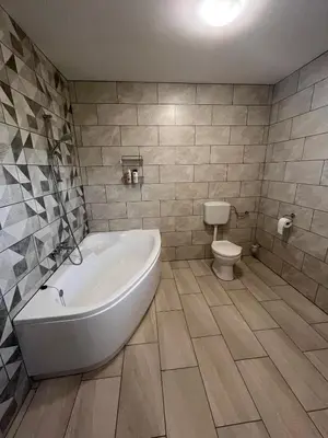 a bathroom with a tub and a toilet at Apartmaji Baznik Čatež in Brežice