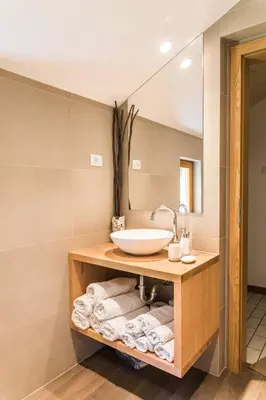 a bathroom with a sink and a mirror at Gorska Vila mountain villa in Soča