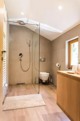 a bathroom with a shower and a toilet at Gorska Vila mountain villa in Soča