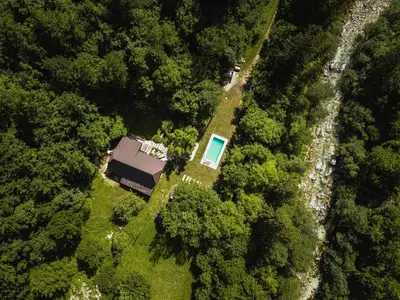 an overhead view of a house in the woods at Gorska Vila mountain villa in Soča