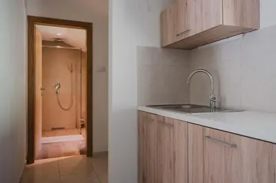 a kitchen with a sink and a shower at Gorska Vila mountain villa in Soča