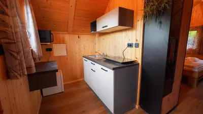 a kitchen with a counter and a sink in a room at Glamping Avantura- a natural getaway by the Kolpa River in Kostel