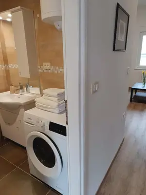 a washing machine in a bathroom with a sink at Apartma Mjrka in Dobrovo