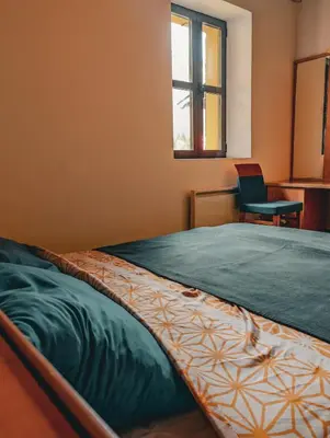 a bedroom with a bed with a chair and a window at Dom dr Klementa Juga v Lepeni in Soča