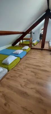a room with several beds on the floor at Dom dr Klementa Juga v Lepeni in Soča