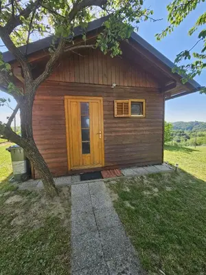 a wooden cabin with a door and a tree at Hiška Jureš in Ljutomer