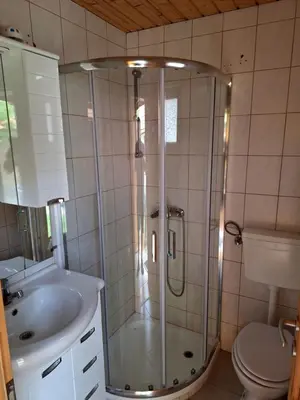 a bathroom with a shower and a sink and a toilet at Hiška Jureš in Ljutomer