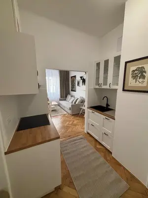 a kitchen and living room with a couch in the background at Trina apartment in the city centre in Ljubljana