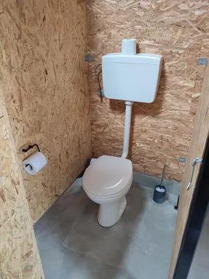 a bathroom with a white toilet and a sink at Rustic glamping on a farm in Radovljica