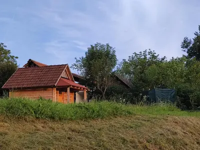 a house sitting on top of a grass field at Rustic glamping on a farm in Radovljica