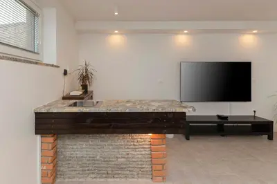 a living room with a fireplace with a flat screen tv at Serenity Apartment Bled - New, Stylish, Near Lake in Bled