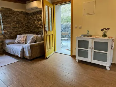 a living room with a couch and a stone wall at Apartment Abinkar in Tolmin