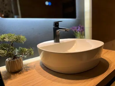 a bathroom sink with a faucet on a counter at Apartment Abinkar in Tolmin