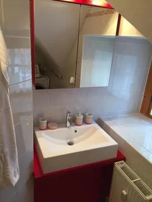 a bathroom with a sink and a mirror at Apartment HB Moravske Toplice in Moravske Toplice
