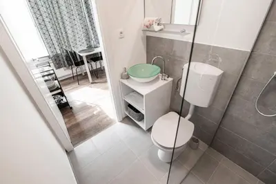 a bathroom with a toilet and a sink and a shower at Oxford Apartments in Ljubljana