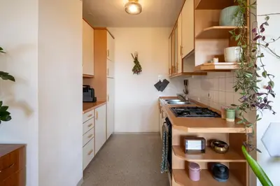 a small kitchen with wooden cabinets and a stove at The Zen Apartment in Ljubljana