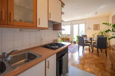 a kitchen with a sink and a stove top oven at The Zen Apartment in Ljubljana