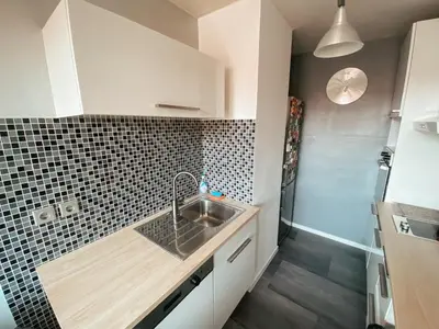 a small kitchen with a sink and a shower at Charming Apartment Siska in Ljubljana