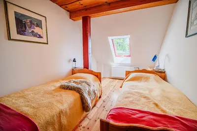 a bedroom with two beds and a window at Kaval Home with Free Onsite Wellness in Dravograd
