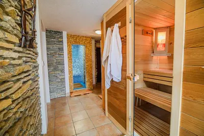 a bathroom with a sauna with a stone wall at Kaval Home with Free Onsite Wellness in Dravograd