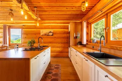 a kitchen with wooden walls and wooden counters and a sink at Villa Harmonia Private Jacuzzi and Pool Retreat near Rogaška in Rogatec