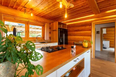 a kitchen with wooden walls and a wooden ceiling at Villa Harmonia Private Jacuzzi and Pool Retreat near Rogaška in Rogatec