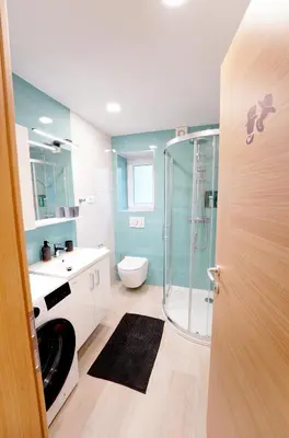 a bathroom with a glass shower and a toilet at Apartma Pr'kovač in Bohinjska Bistrica