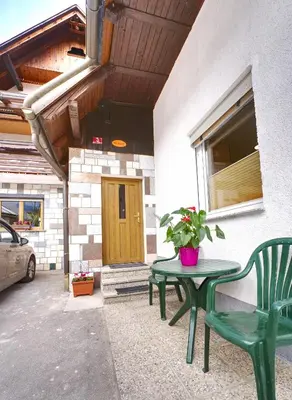 a green table with a potted plant on a patio at Apartma Pr'kovač in Bohinjska Bistrica