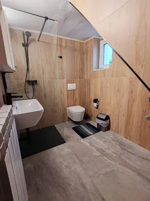 a bathroom with a sink and a toilet and a shower at Apartments Stella Vittoria in Ročinj