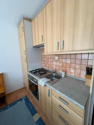 a small kitchen with a sink and a stove at Apartma Lisjak in Bovec