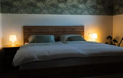 a bedroom with a large bed with two lamps at Apartma Lilly in Bohinjska Bela