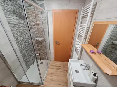 a bathroom with a sink and a shower at Apartma Grm in Bohinj