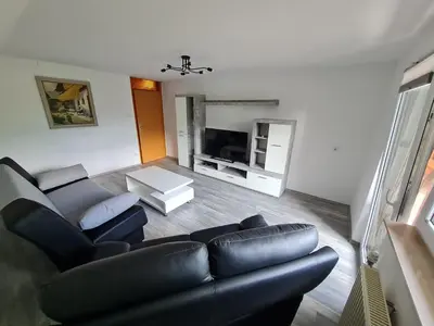 a living room with a black leather couch and a fireplace at Apartma Grm in Bohinj