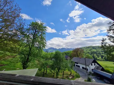 a view of a house in the middle of a field at Apartma Grm in Bohinj