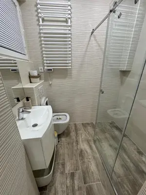 a bathroom with a shower and a sink and a toilet at Basilica in Maribor