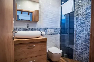 a bathroom with a sink and a toilet and a shower at Cozy House Claudia in Žirovnica
