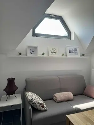 a couch sitting in a room with a window at OTTA Apartments Golte C1 in Mozirje