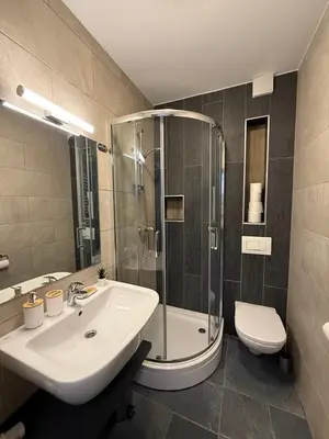 a bathroom with a sink and a shower and a toilet at OTTA Apartments Golte C1 in Mozirje